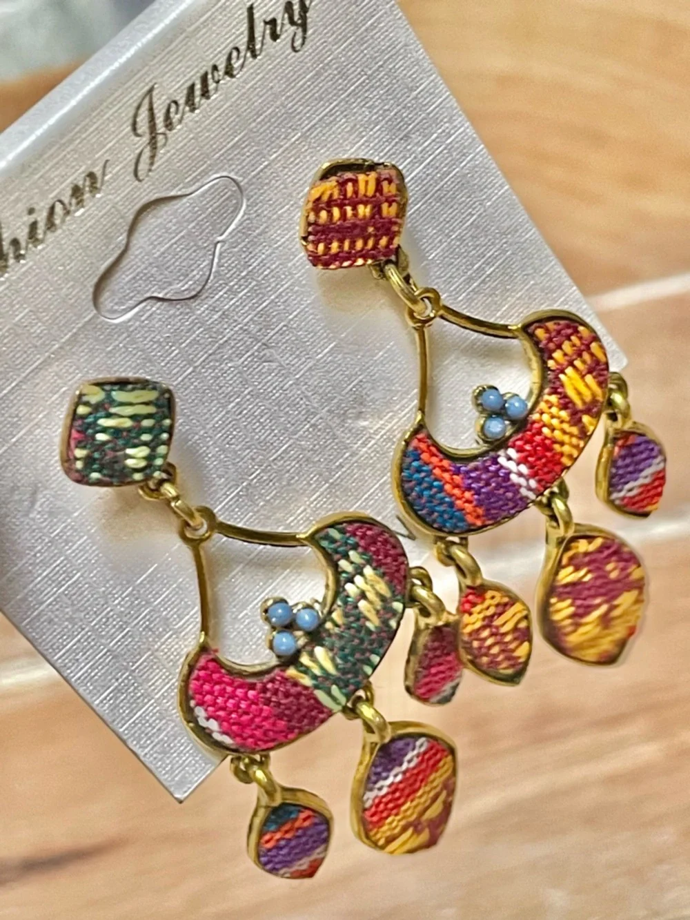 Boho Multicolor Embroidered Needlepoint Drop Earrings - Red, Yellow Gold